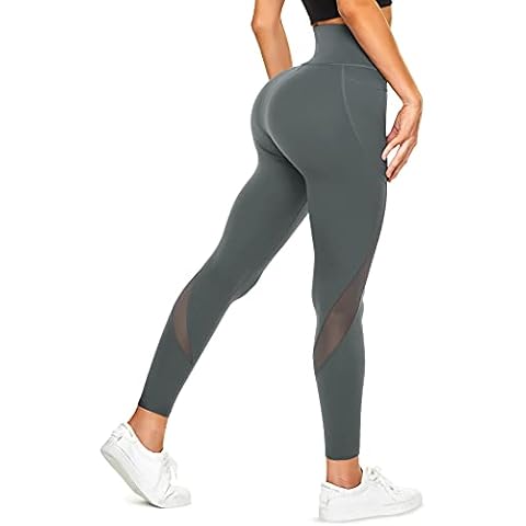 TrainingGirl Mesh Leggings for Women High Waisted Yoga Pants Workout Running Printed Leggings Gym Sports Tights with Pockets, Light Grey, XXXL Cover