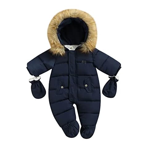 Baby Infant Boys Girls Snowsuit Coat Winter Hooded Footed Warm Jumpsuit Outerwear with Gloves (Navy , 18-24 Months ) Cover