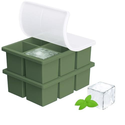 Image of 2PECK Silicone Ice Cube Tray with Lid, Large 6-Cavity Square Ice Cube Moulds for Freezer, Easy Release & Stackable Ice Trays for Whiskey, Cocktails, Beverages, Coffee & Home Bar. (Green)