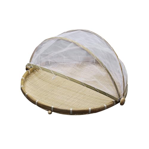 Bamboo Tent Basket, Round Bamboo Serving Food Tent Basket with Lid, Hand Woven Basket with Mesh Cover, Vegetables/Fruits, Bread, Storage Basket, Portable Storage Basket (S 30CM)