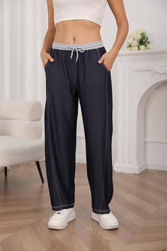 Women's Lightweight Barrel Jeans High Waist Drawstring Pull On Casual Baggy Denim Pants with Pocketss3
