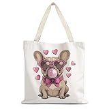 LUVADIAN French Bulldog Tote Bag, Gifts for French Bulldog Lovers, Coquette Pink Bubblegum Frenchie Canvas Tote Bag Gifts for Women, Frenchie Dog Reusable Grocery Shopping Bags