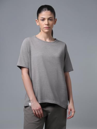 Image of TECHNOSPORT Women Relaxed Fit Cubic Melange Round Neck T-Shirt | Quick Dry Polyester Casual Tee with UPF 50+ UV Protection, Anti-Microbial & Double Cool Technology