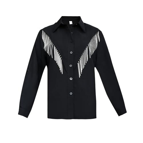 Women's Fringe Trim Shirts Long Sleeve Button Down Rhinestone Top Sparkly Shirt Blouse Cowgirl Western Country Concert Outfit2