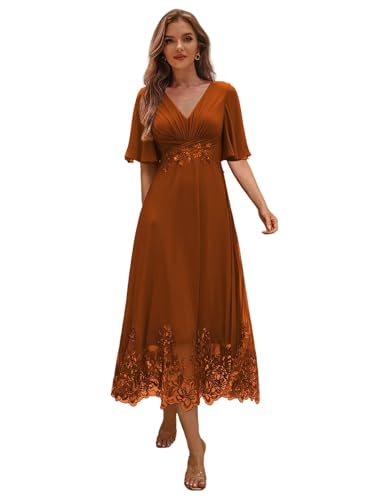 Women's Tea Length Mother of The Bride Dresses Lace Applique Ruffles Formal Evening Party Dress DE568