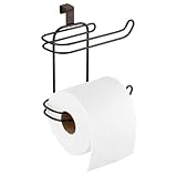 mDesign Metal Compact Hanging Over The Tank Toilet Tissue Paper Roll Holder and Dispenser for Bathroom Storage - Holds 1 Extra Roll - Space Saving Design - Bronze