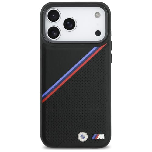 Image of CG MOBILE BMW [Official Licensed] Protective Case Designed for iPhone 17 Pro Max |Magnetic Compatible|M Collection|Pu Leather Tricolor Slanted Stripes & Metal Logos -Black