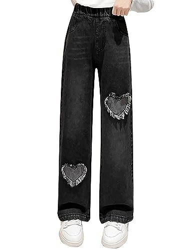 Hularka Kids Girls Denim Jeans Casual Wide Leg Trousers Distressed Washed Denim Pants with Raw Edge Heart-Shaped