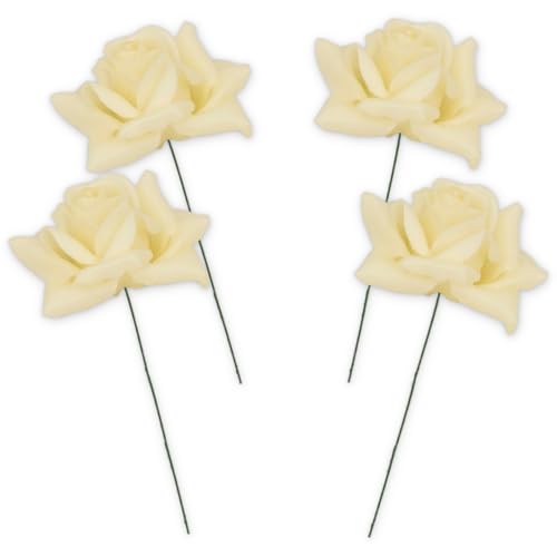 Kunstrosen-Blüten mit Stiel als künstliche Deko-Rosen aus Wachs - 4 creme-weiss Rosenblüten wie echt für Blumengestecke Blumen-Dekoration - Wachsrosen als Kunstrosen Friedhof Grabschmuck