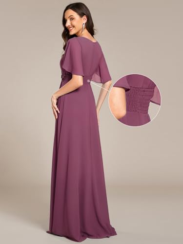 Image of Ever-Pretty Women's Classic Round Neck Pleated Short Sleeves Chiffon Appliques Floor Length A Line Formal Evening Dresses