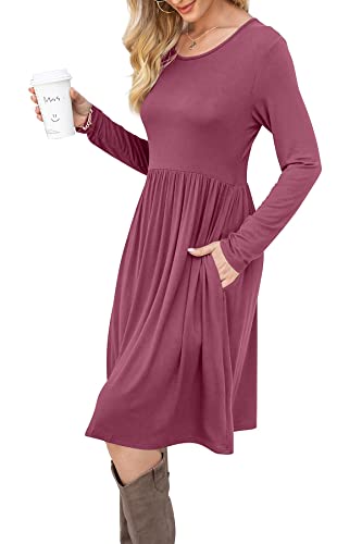 Image of DB MOON Women Casual Long Sleeve Dresses Empire Waist Knee Length Loose Dress with Pockets