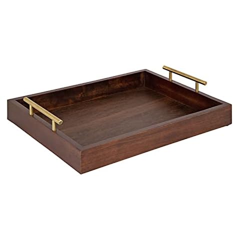 Kate and Laurel Lipton Decorative Wooden Tray with Metal Gold Handles, 16.5" x 12.25", Dark Walnut Brown and Gold Cover