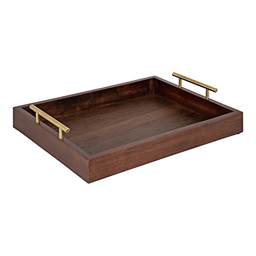 Kate and Laurel Lipton Decorative Wooden Tray with Metal Gold Handles, 16.5" x 12.25", Dark Walnut Brown and Gold