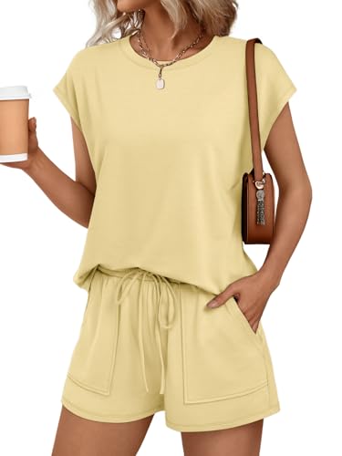 Image of AUTOMET Womens Crew Neck Two Piece Short Sets Cap Sleeve Drawstring Summer Sweatsuit with Pocket