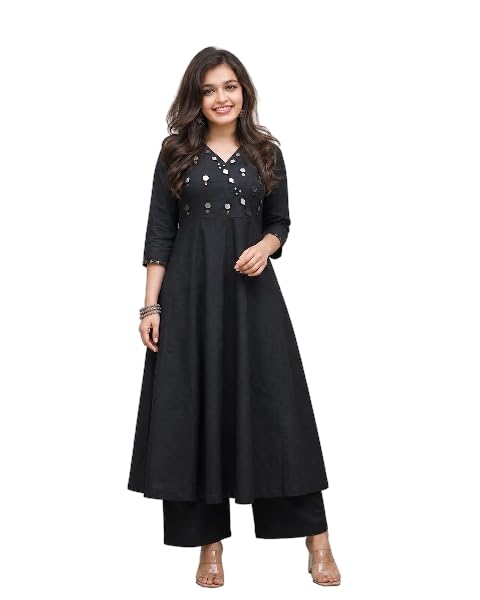 Achutham Enterprises Women's Anarkali Kurta with Pant, Rayon, Mirror Work Embellished, V-Neck-picture-31