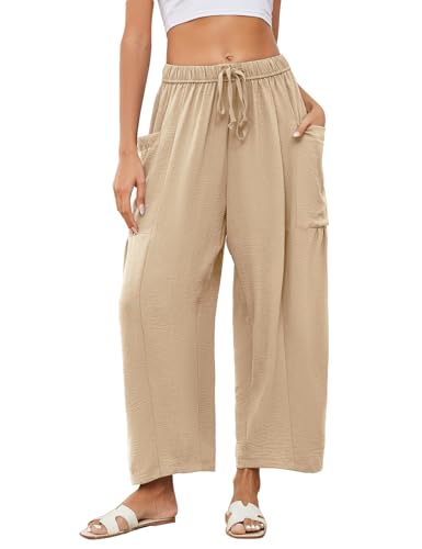 Flygo Women's Wide Leg Pants Summer Casual Loose Fit Beach Palazzo Harem Pants with Pockets(LightKhaki-M)2