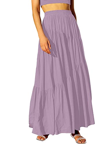 Image of ANRABESS Women's Boho Elastic High Waist Pleated A-Line Flowy Swing Asymmetric Tiered Maxi Long Skirt Dress with Pockets