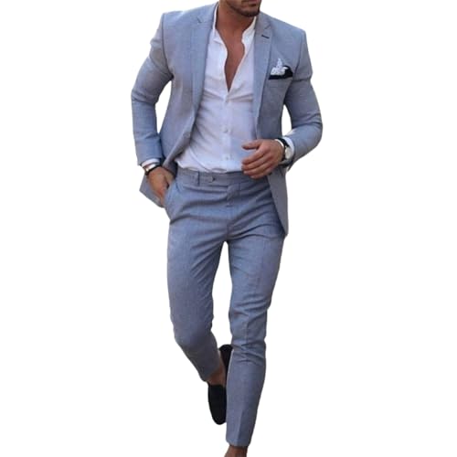 Traje de lino retro de 2 piezas para hombre, trajes de boda de sirsaca para hombre, trajes de invitados de boda, trajes de vestido de padrinos de boda, azul claro, L
