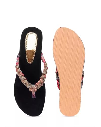 Image of ZAPATOZ Women's Floral Platform Sandals with Braided Gold Embellishment, Black Velvet Thong Slippers, Printed Sole Design