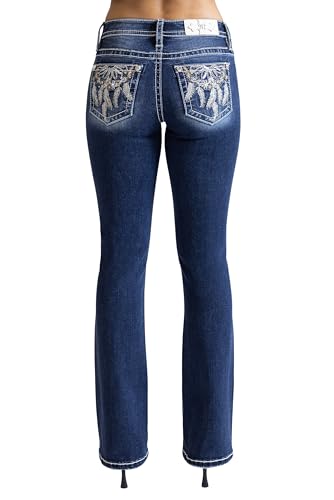 Miss Me Women's Floral Dreamcatcher Mid-Rise Bootcut Jeans (Dark Blue, 30W x 34L)