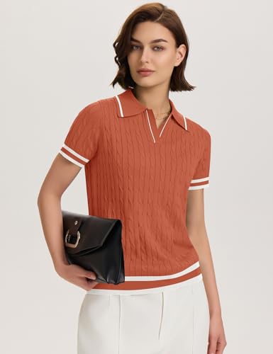 Image of Micoson Womens Short Sleeve Sweater Tops Lapel V Neck Polo Shirts 2026 Summer Cable Knit Loose Blouse Business Casual Outfits
