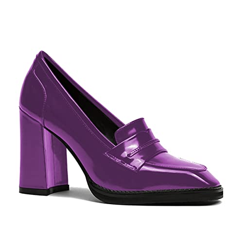 Image of FOWT Dressy High Block Heels Loafers for Women Classical Square Toe Pumps Comfortable Slip On Walking Shoes School Uniform Goth Oxfords US Size 4-16 M