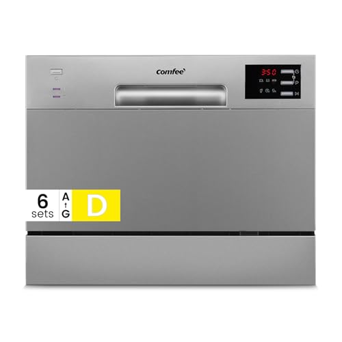 COMFEE' Lavavajillas de mesa mejorado 2026 con 6 ajustes de lugar, mini lavavajillas de encimera para familias pequeñas, parejas, pantalla LED, inicio retardado, ruido silencioso de 47 dB, plateado