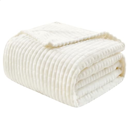 Image of EMME Fleece Throw Blanket Luxury Flannel for Couch Bed Sofa Chairl, Soft, Plush, Warm and Cozy Blanket with Geometric Grid Design (White, 80'' x 90'')