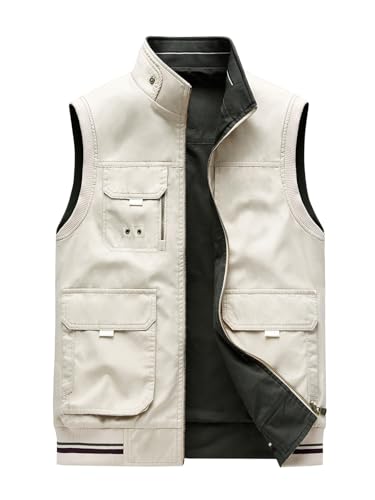 Bychen Men's 100% Cotton Washed Reversible Vest 9 Concealed Pockets Travel Casual Gilet Safari Outwear (US, Alpha, Large, Regular, Regular, ASH/green)