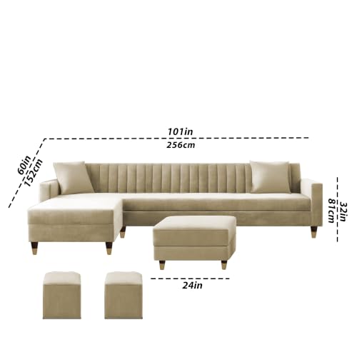 Image of Casaliving Garcia LHS 8 Seater L Shape Sofa Set with Ottoman & 2 Puffy for Living Room (Cream) Premium Fabric Sofa Set