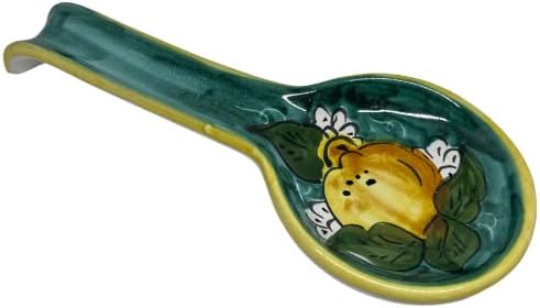 Hand Painted Italian Ceramic Spoon Rest – 10.5 Inches – Made in Italy, Teal Lemon Design – Handmade Ceramic Kitchen Utensil Holder