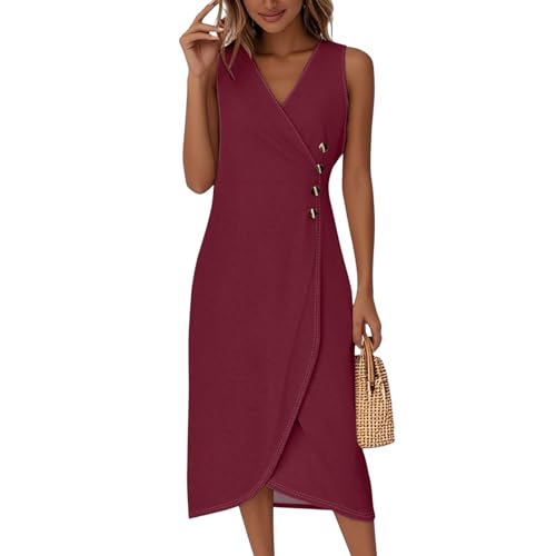 Tank Dress for Women Slit Overlapping Hem Sleeveless Wrap Dresses V Neck Button Down Empire Waist Dress Trendy Modest Elegant Formal Business Midi Sundresses Vintage Business Summer Sundress
