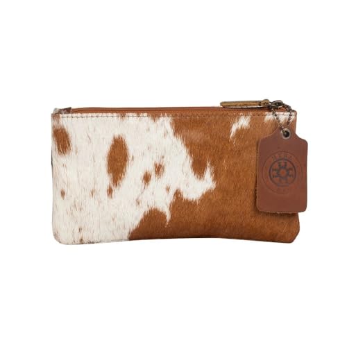 Image of Myra Wildfire Leather and Hairon Cowhide Wallet - 7.5x4 inch Cow Print Wallets for Women, Brown and White, Long, Western Cowprint, Boho Style, Country Stuff, Cowgirl Gifts for Women, Mom, Sister, Aunt
