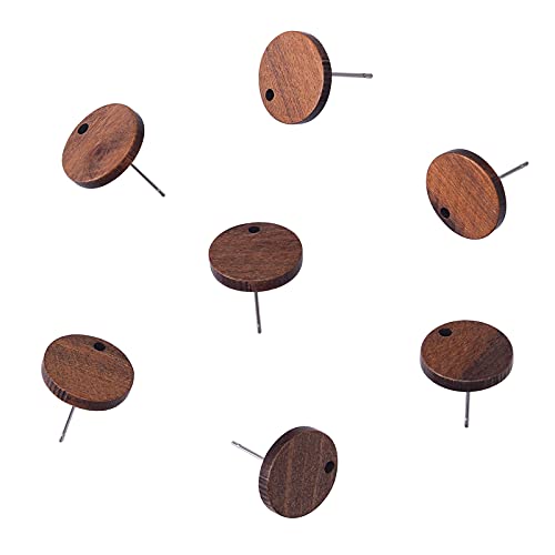 Airssory 10 Pcs Vintage CoconutBrown Color Wood Stud Earrings Wooden Earstud Components with Pin and Hole Flat Round Shaped for Women Girl Jewelry Making - 15.5x2.5mm