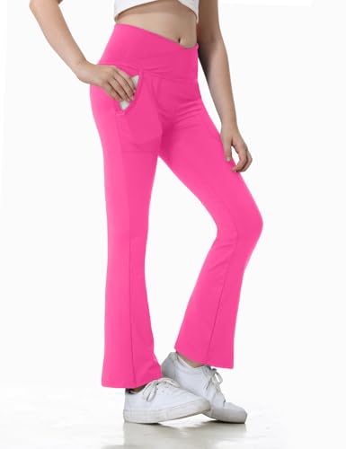 Image of Leggings with Pockets for Girls Solid Black Stretch High Waist Tummy Control Workout Dance Bootcut Yoga Pants