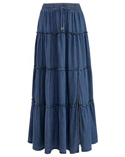 OXP Womens Denim Tiered Maxi Skirt High Waisted Flowy Ruffle Long Skirt for Casual Vacation Daily Wear Denim Blue L