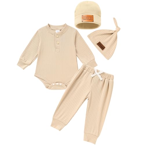 Image of ZOELNIC Newborn Baby Boy Girl Clothes Set Ribbed Outfits Solid Long Sleeve Tops Pants Romper Winter Fall Toddler 0-12 Months