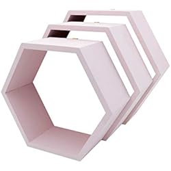 Estanteria Pared Rosa HANDKADECOR - Estantes de pared hexagonales de madera, color rosa pastel - Hexágono, estantes de panal - Juego de 3 hexágonos