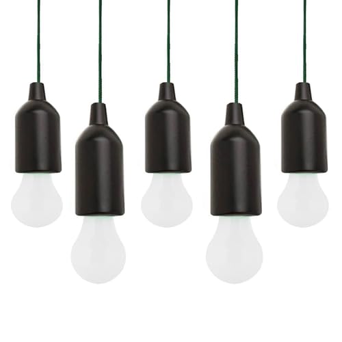 MODOAO LED Pull Cord Light Bulb Camping Tent Hanging Night Lamp Portable Night Light for Party, Weddings, Festivals Lighting, Camping (5 Packs Black)
