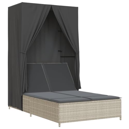 vidaXL Chaise Longue Double avec Toit et Rideaux Gris Clair Poly rotin, transat, lit de Jour d'extérieur, lit de Jour de Jardin, lit de Bronzage
