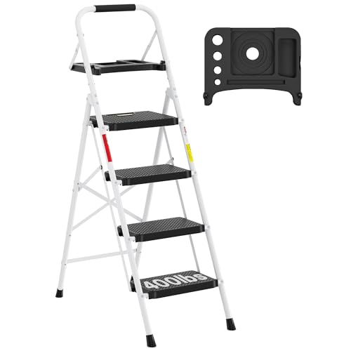 BONTEC 4-Step Ladder, Folding Step Stool with Tool Platform, Wide Anti-Slip Pedals, Max Load Capacity 400lbs Sturdy Steel Ladder, Lightweight Portable Ladder, Tall Step Ladder for House Use, White