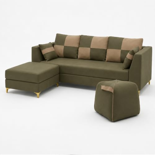 Image of FURNY Signature Cresta 5-Seater L-Shape Sofa Set with Movable Ottoman & Suri Pouf | Flexible LHS /RHS Layout | Boston Fabric | 40D Foam + Zigzag Spring | 3-Yr Warranty (Olive Green - Beige)