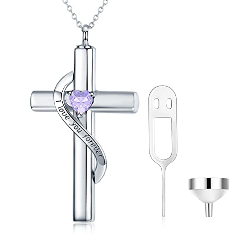 SOULMEET Crystal Cross Necklace for Ashes, Sterling Silver I Love You Forever Birthstone June Cross Urn Necklaces for Ashes Keepsake Cremation Jewelry for Pet Human Ashes