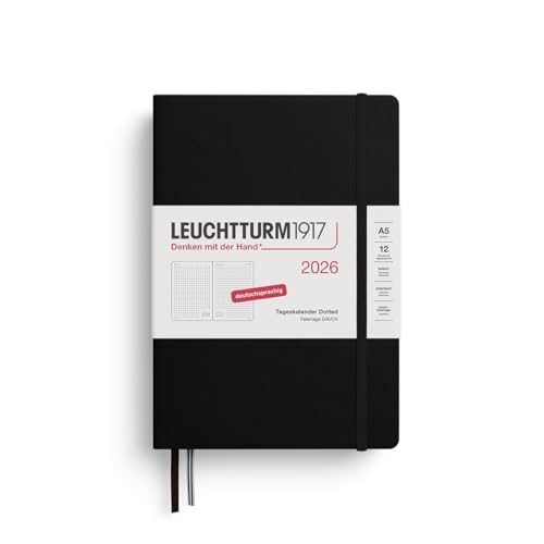 LEUCHTTURM1917 372599 Tageskalender Dotted Medium (A5) 2026 12 Monate Schwarz Deutsch