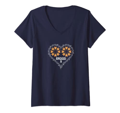 Damen Brood X Cicada Singing Song Music Notes Heart Shape Mandala T-Shirt mit V-Ausschnitt