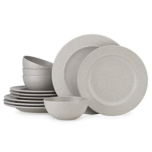 Stoneware 12 Piece Dinnerware Set By Glavers Service For 4, Round Light Grey (Beige) Dishes – Made In Portugal High-End Quality. Includes 4 Dinner Plates 4 Salad Plates, And 4 Bowls. #TOP17