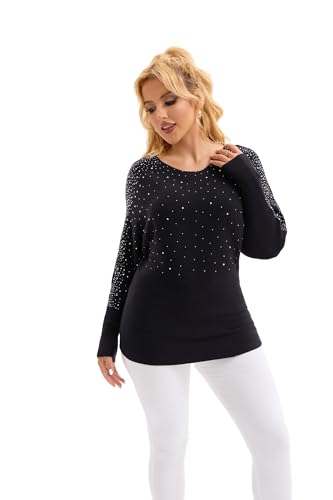 Froggirl Women’s Batwing Sleeve Rhinestone Pullover Sweater Ribbed Knit Tunic Top, Loose Fit – Elegant Sparkle Sweater4