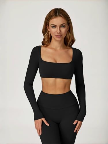 ABOCIW Women Square Neck Long Sleeve Workout Crop Top Low Medium Impact Athletic Yoga Gym Shirts with Built in Bra(ONLY TOP)4