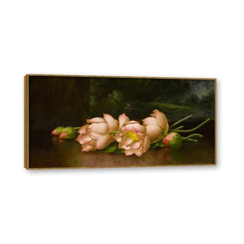 Impression sur Toile Fleurs de Lotus de Martin Johnson Heade : art mural haut de gamme cadre teck