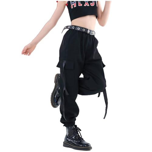 Kids Cargo Pants Trousers Jogger with Pockets for Girls Street Hip Hop Dance Costume Black